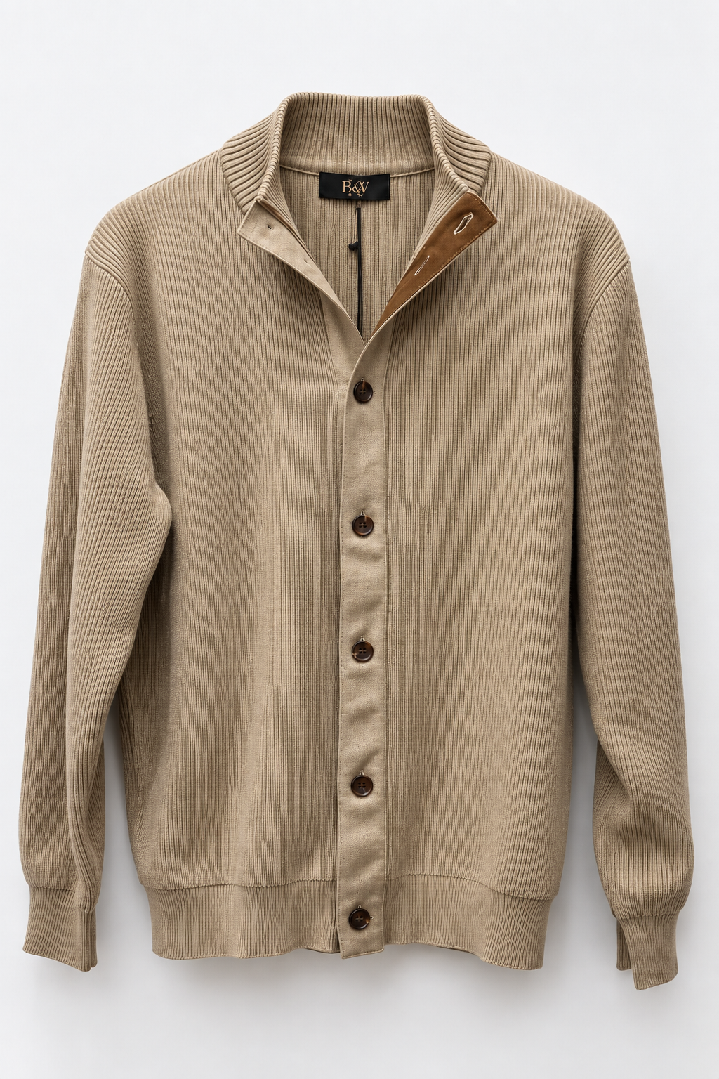 Cardigan Costina con Collo Alto e Dettaglio Scamosciato