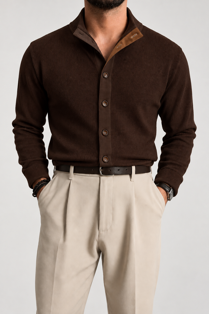 Cardigan Costina con Collo Alto e Dettaglio Scamosciato