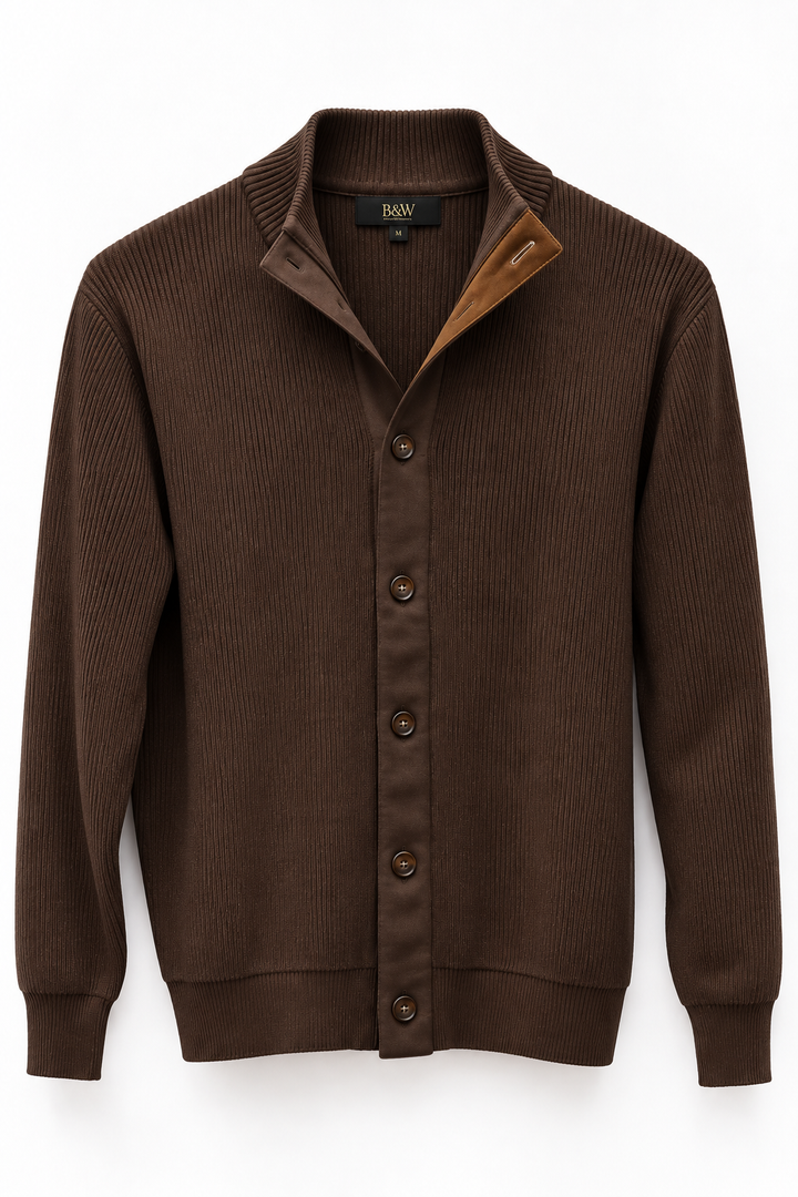 Cardigan Costina con Collo Alto e Dettaglio Scamosciato