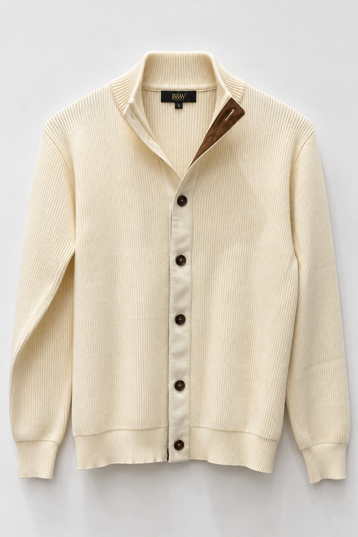 Cardigan Costina con Collo Alto e Dettaglio Scamosciato