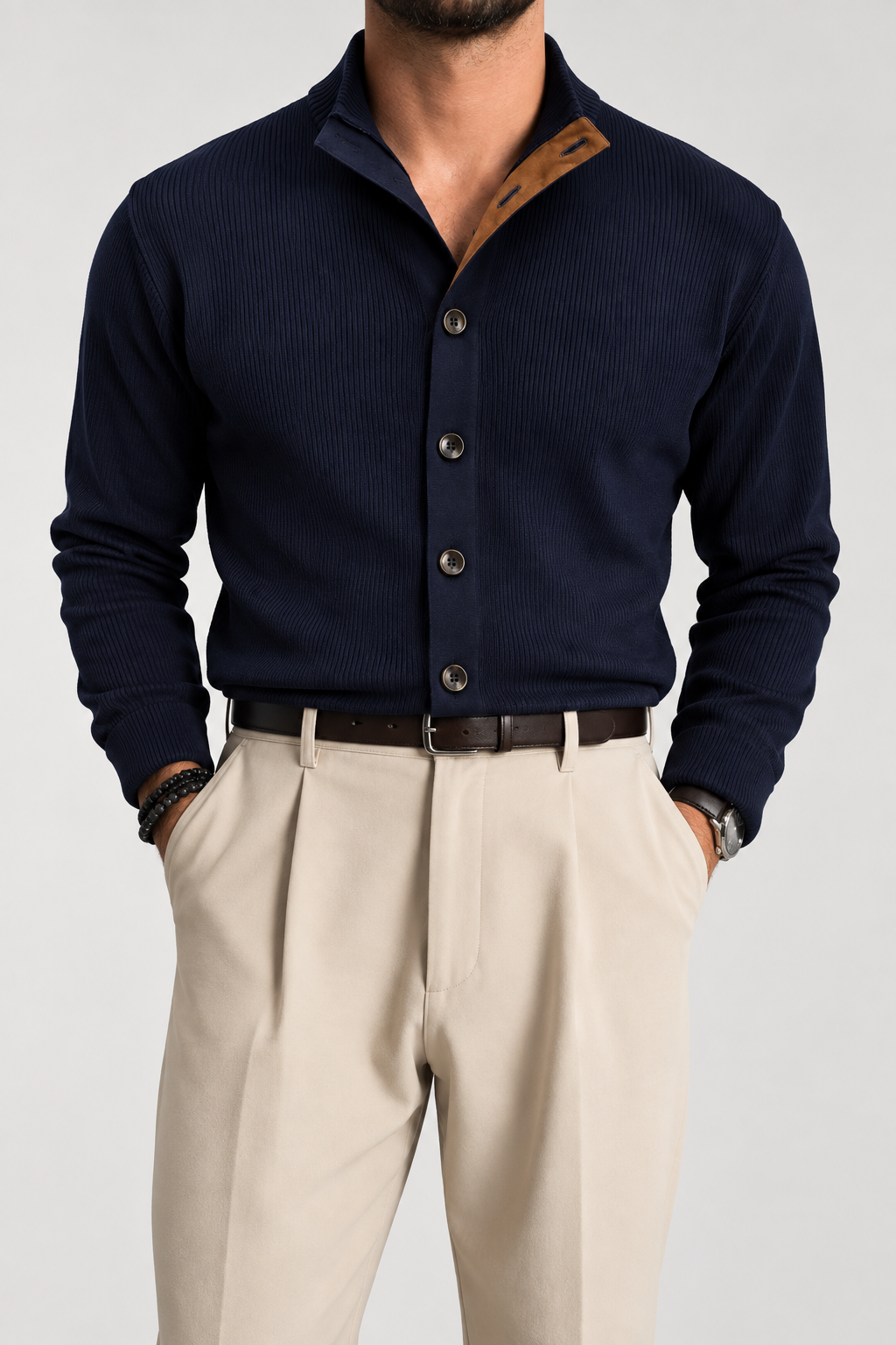 Cardigan Costina con Collo Alto e Dettaglio Scamosciato