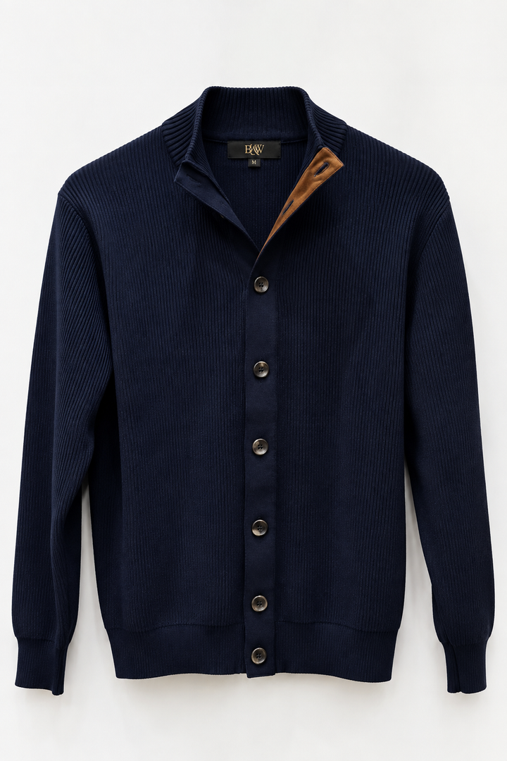 Cardigan Costina con Collo Alto e Dettaglio Scamosciato