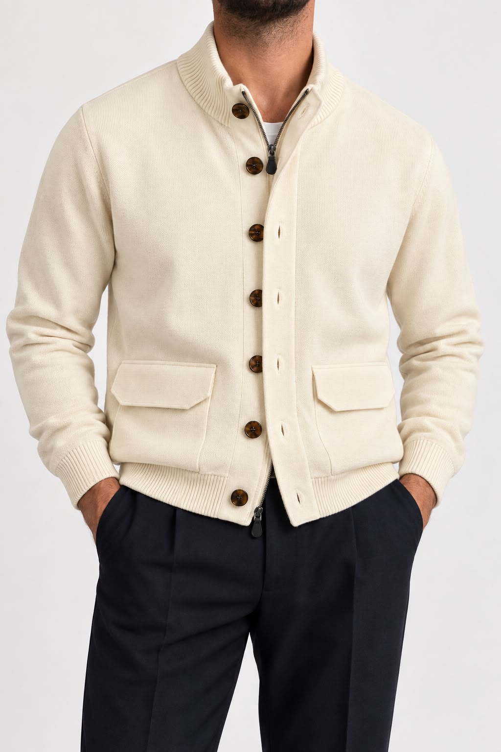 Cardigan Collo Alto con zip e bottoni